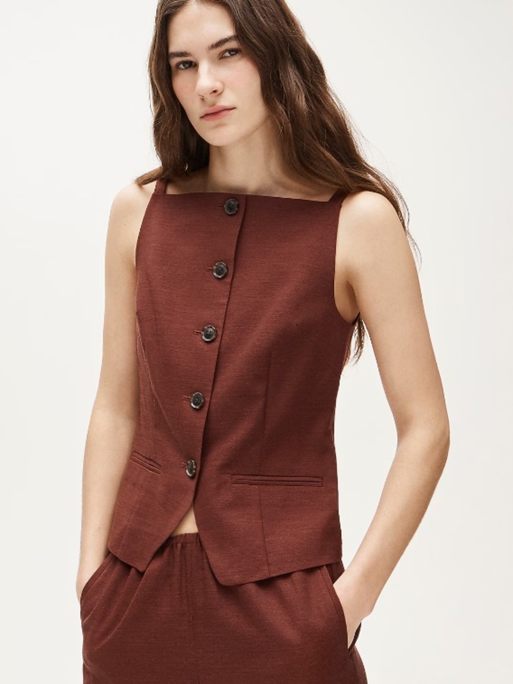 J crew fresh cacao Button-up cutaway tank top in Gramercy linen blend
